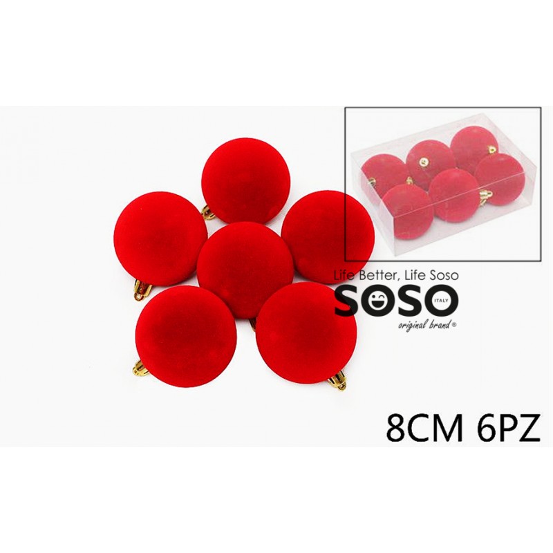 Sfere velluto rosso 8cm 6pz - 1