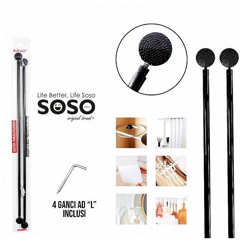 Asta multiuso estensibile da 40 a 60cm diametro 5/7mm 2pcs 4 ganci inclusi - 1