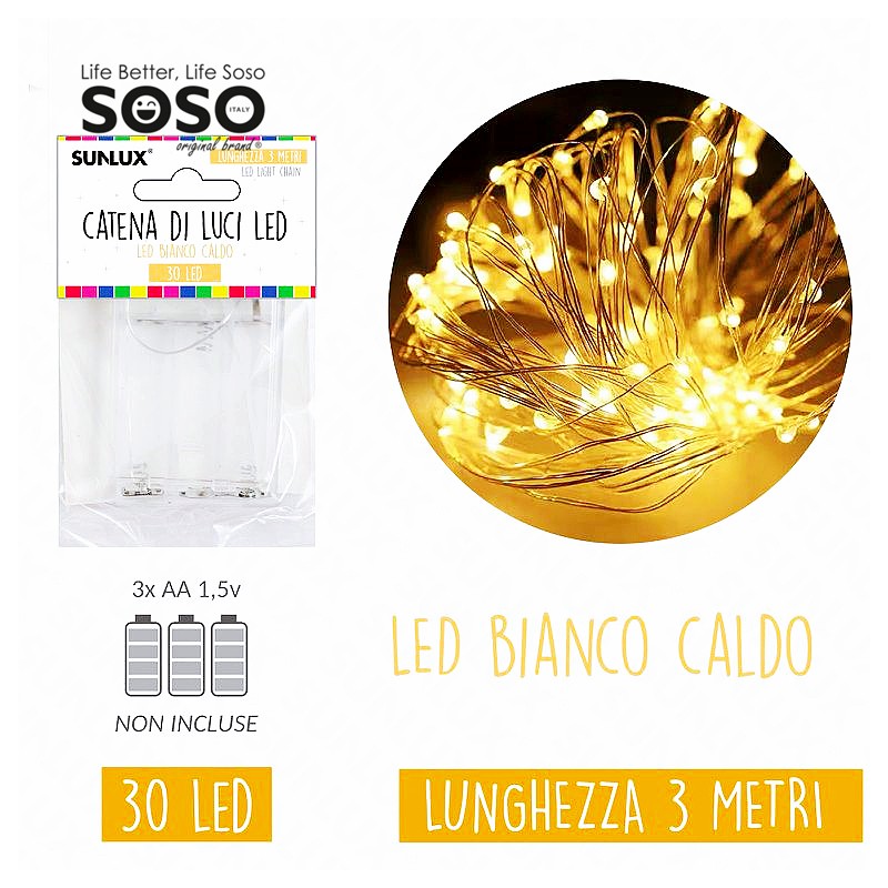 Catena luci led bianco caldo 30led 3mt - 1