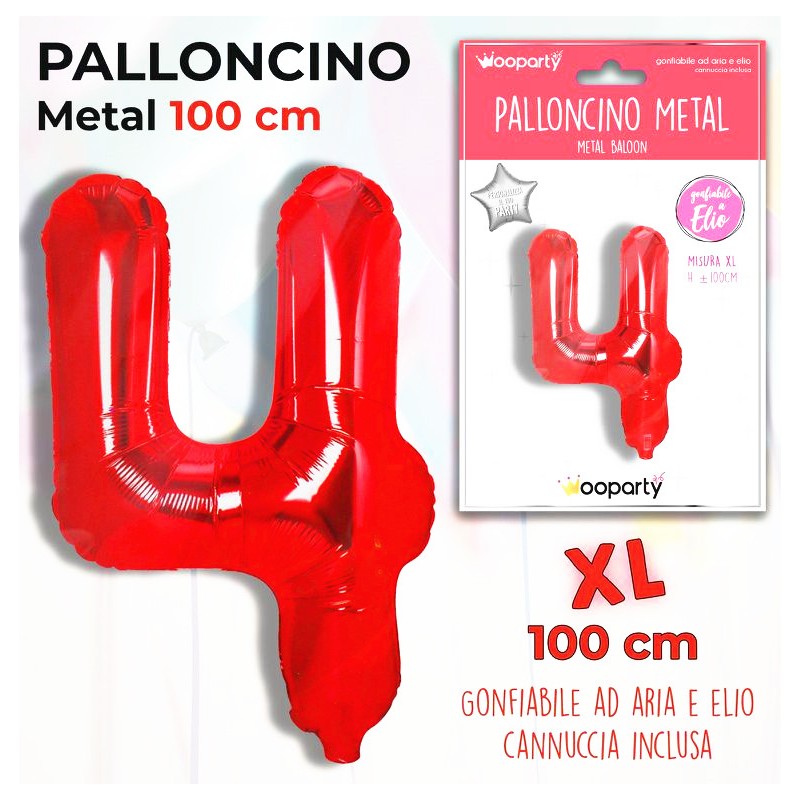 Palloncini mylar rosso metal. numero 4 h.100cm