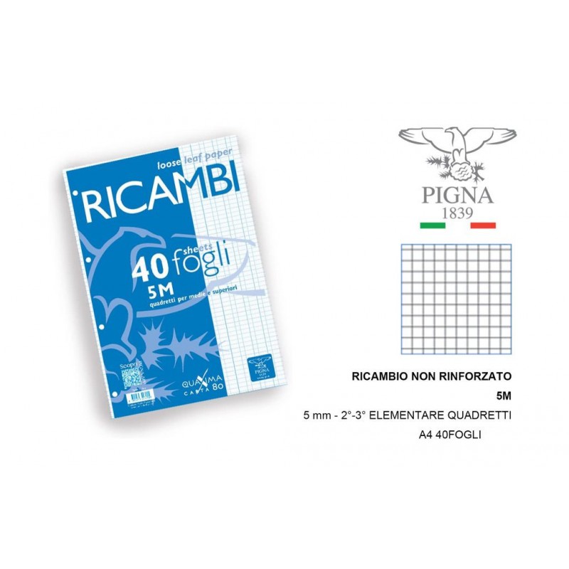 Ricambi forati Pigna - A5 - a quadretti 5 mm 5M - conf. 40 fogli -  00629045M - 8005235204546 - Euroffice